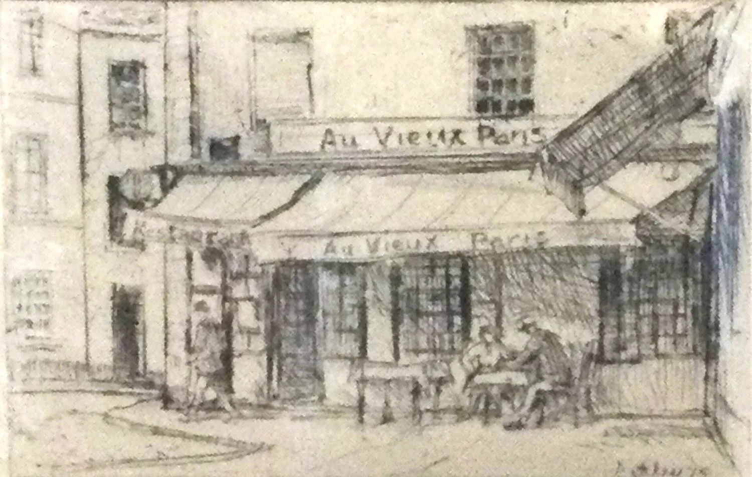 Llewellyn Petley-Jones (1908-86), Au Vieux, Paris No.1 (trial), 1975, etching on paper, 3.25 x 4.75 inches (8.25 x 12 cm), original framing, $130 Cdn.