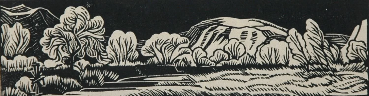 Creek From Cairns (end piece), 1948 (rare), linoblock, 1.5 x 5.25 inches (3.9 x 13.6 cm), archivally framed, $700.00 Cdn.