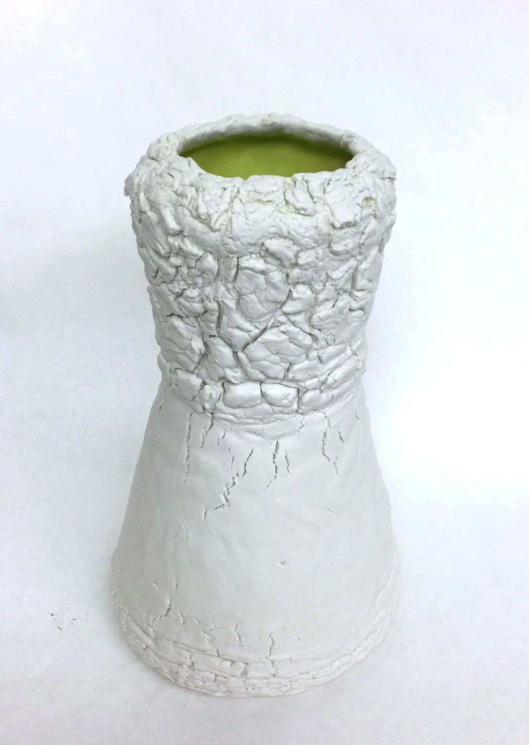 Tall Lime Green Vase (#25.8.16), 2025, hand-built, deeply textured neck with flared base, pinched porcelain, unglazed exterior with lime green glaze interior, 10.5 x 6.5 inches (26.2 x 16.4 cm), $540 Cdn.