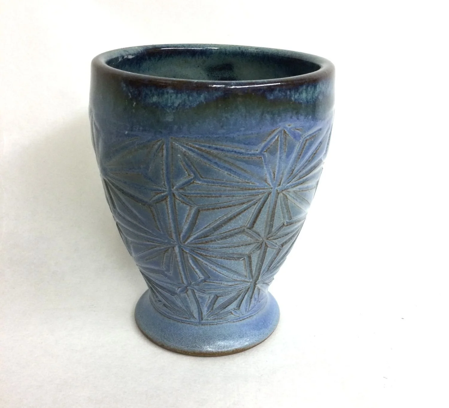 Kumiko Mountain Lakes Yunomi (#25.9.15), handcarved stoneware, 5 x 3.5 x 5 inches (13 x 9 x 13 cm), $45 Cdn.