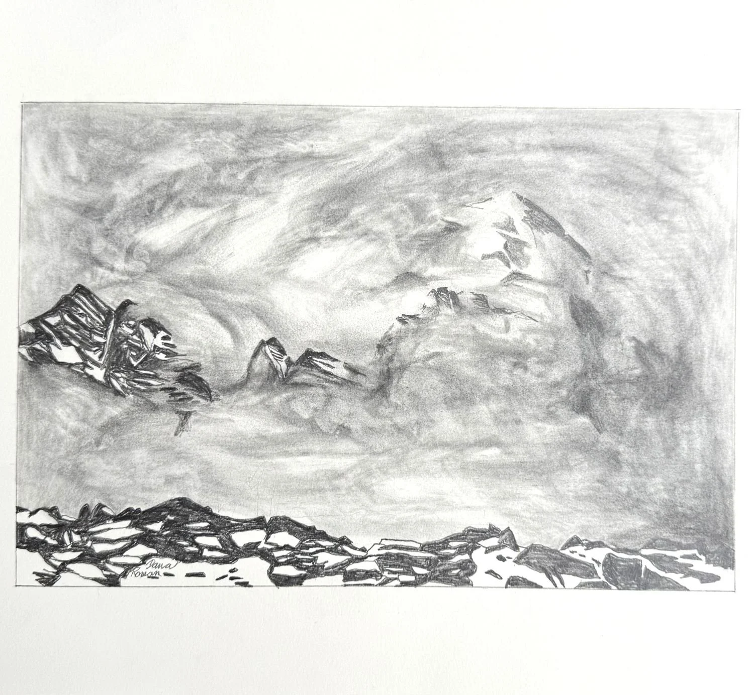View from Mount St. Piran (BNP near Lake Louise, #26.6.3), 2026, graphite on hot press Arches paper, 8 x 12 inches (20 x 30.5 cm), framed, $320 Cdn.