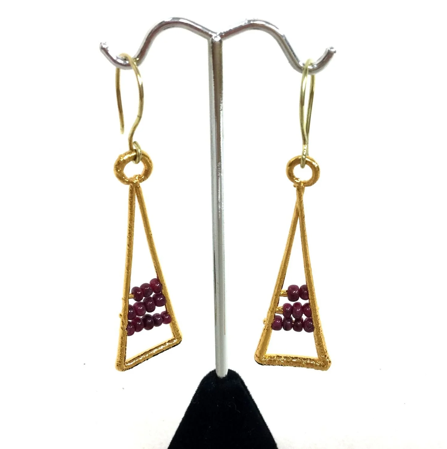 Abacus Cage Earring (#268), 2019, thick electroformed 24k gold, rubies, 18k gold ear wire, fusion welded stainless steel, electroformed copper, 2.5 x .75 inches (6.5 x 2  cm), $1140 Cdn.