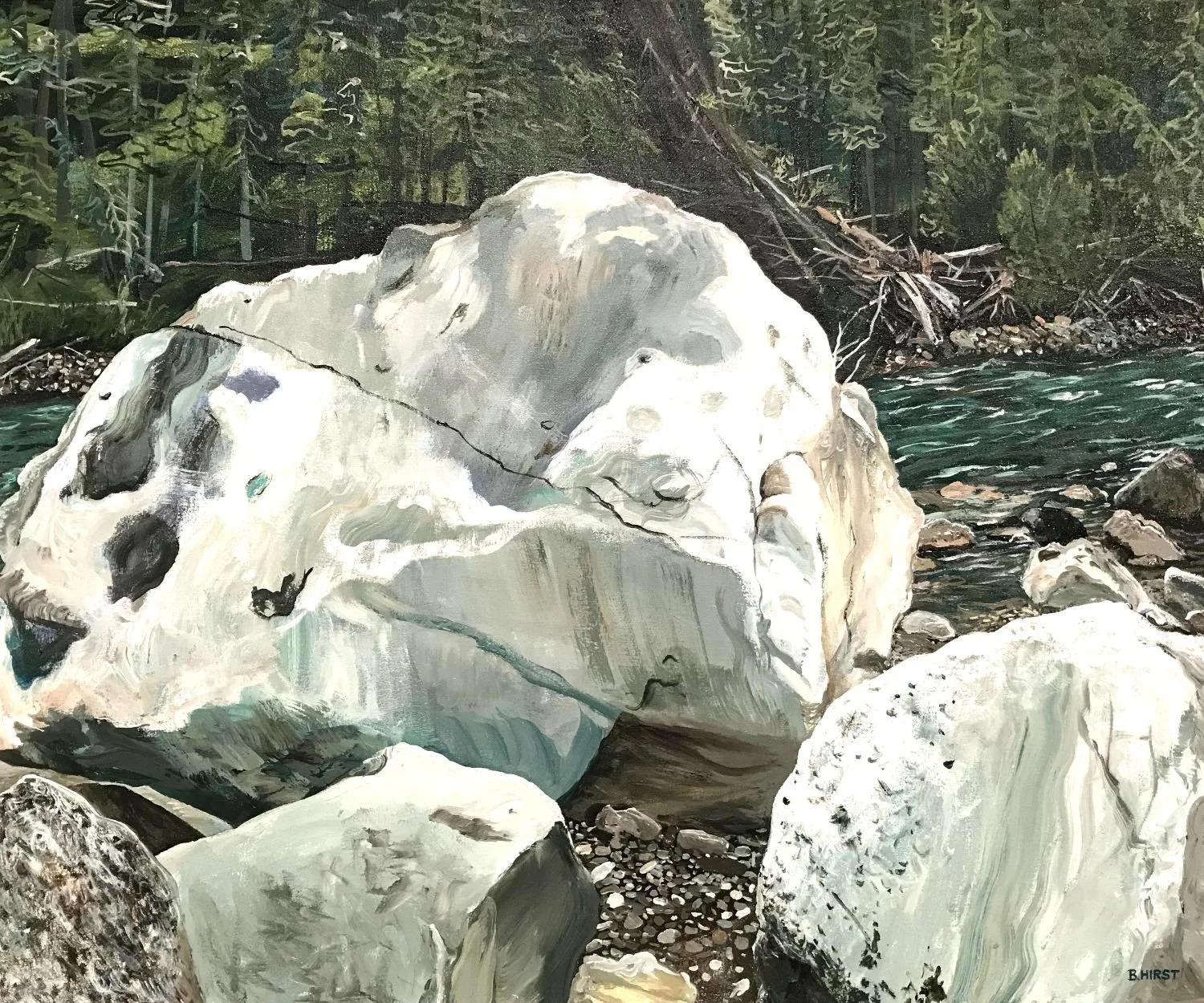 River Rocks, Elbow River (#25.8.4), 2024, acrylic on canvas, 30 x 36 inches (76 x 91.5 cm), unframed, $2200 Cdn.