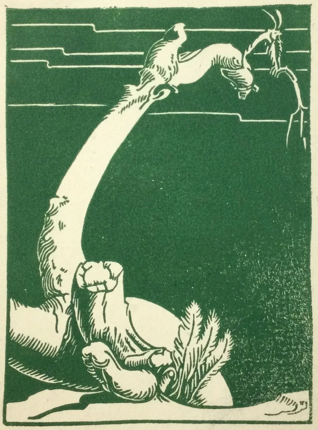 Tree Upright (#19L), 1940, linoblock/paper (green), 4.75 x 3 inches (12 x 9 cm), provenance: BC Collection, framed, $900 Cdn.