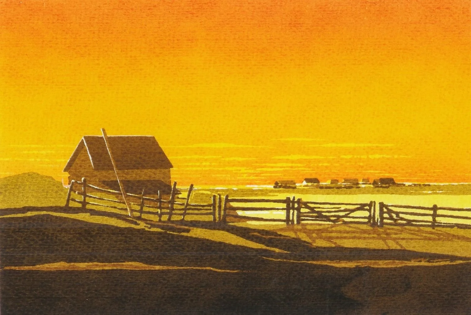 Prairie Sunset, Alberta (rare), 1977, ed. 8/100, serigraph/paper, 6x9 inches (15 x 23), framed, $525 Cdn.