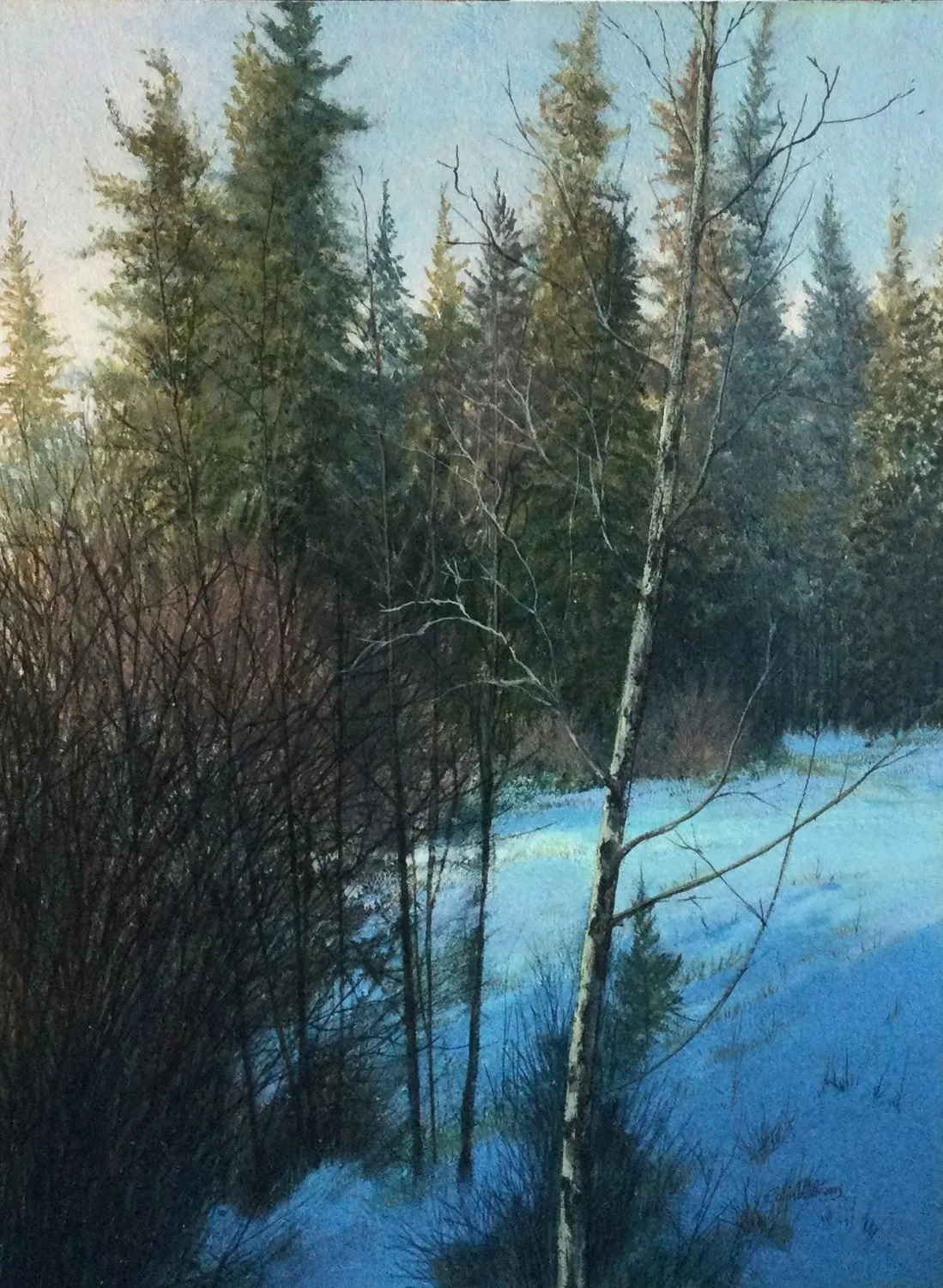 Winter Shadows (#A494/1459), c.1970s, oil/panel, 16 x 12 inches (41x31cm), framed, provenance: private collection Calgary, a portion of the sale of this work is donated to the Calgary Foundation, $1350 Cdn.