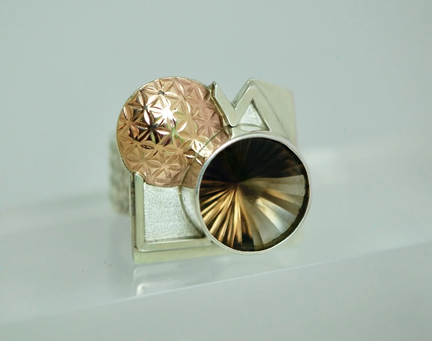 Dome Ring (#NR16), 2026, sterling, 14K, smoky quartz, size 9.5 - 10, sold.