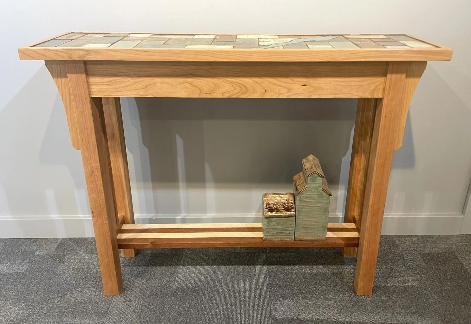 Prairie River & Grain Elevators Hall Table (#26.5.22), 2026, handbuilt cherry, carved and glazed tile top, 31.25 x 11.5 x 41 inches (79 x 29 x 104 cm), $2900 Cdn.