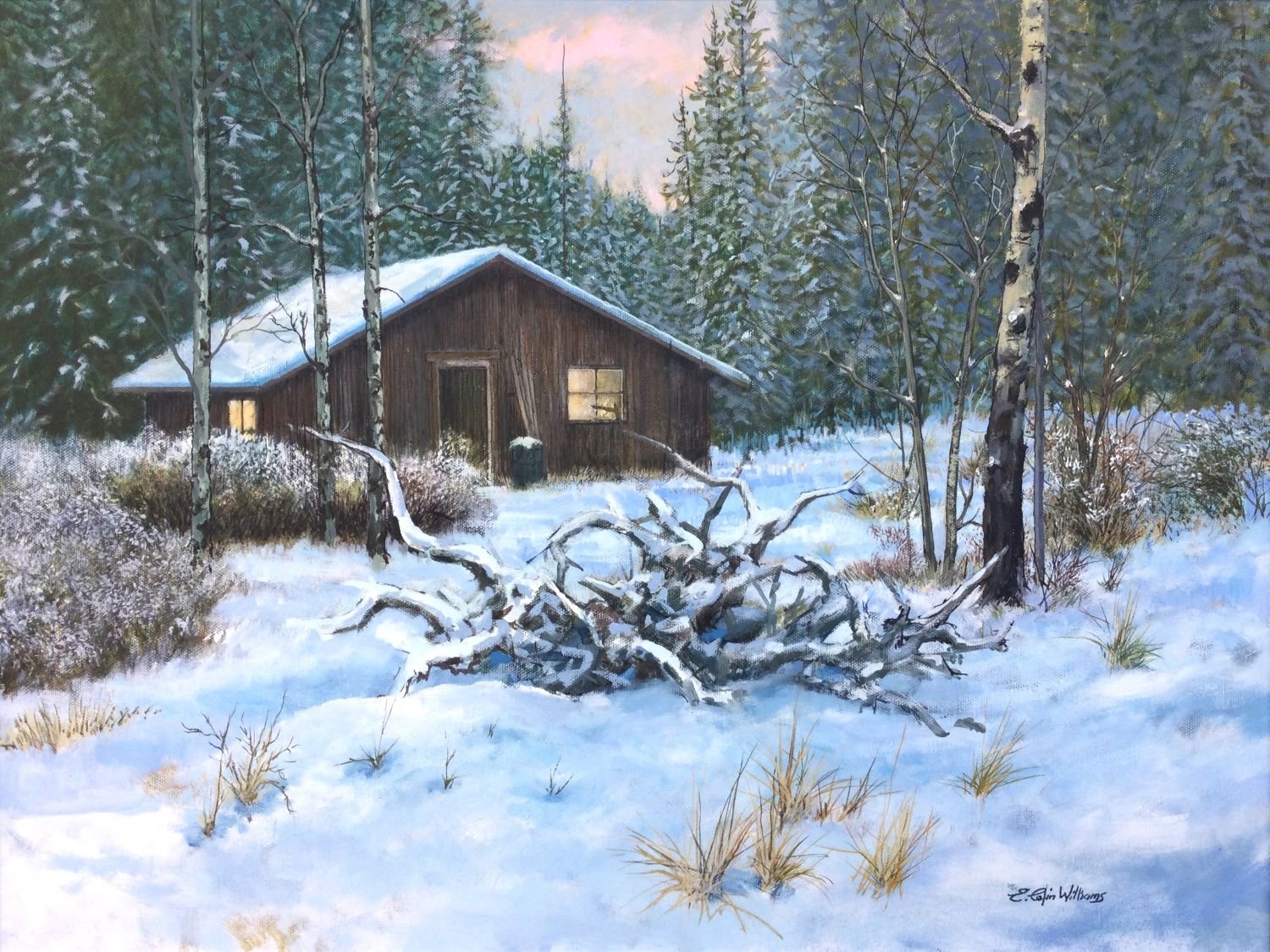 Winter Cabin, oil on canvas, 18 x 24 inches (46 x 61 cm), sold.