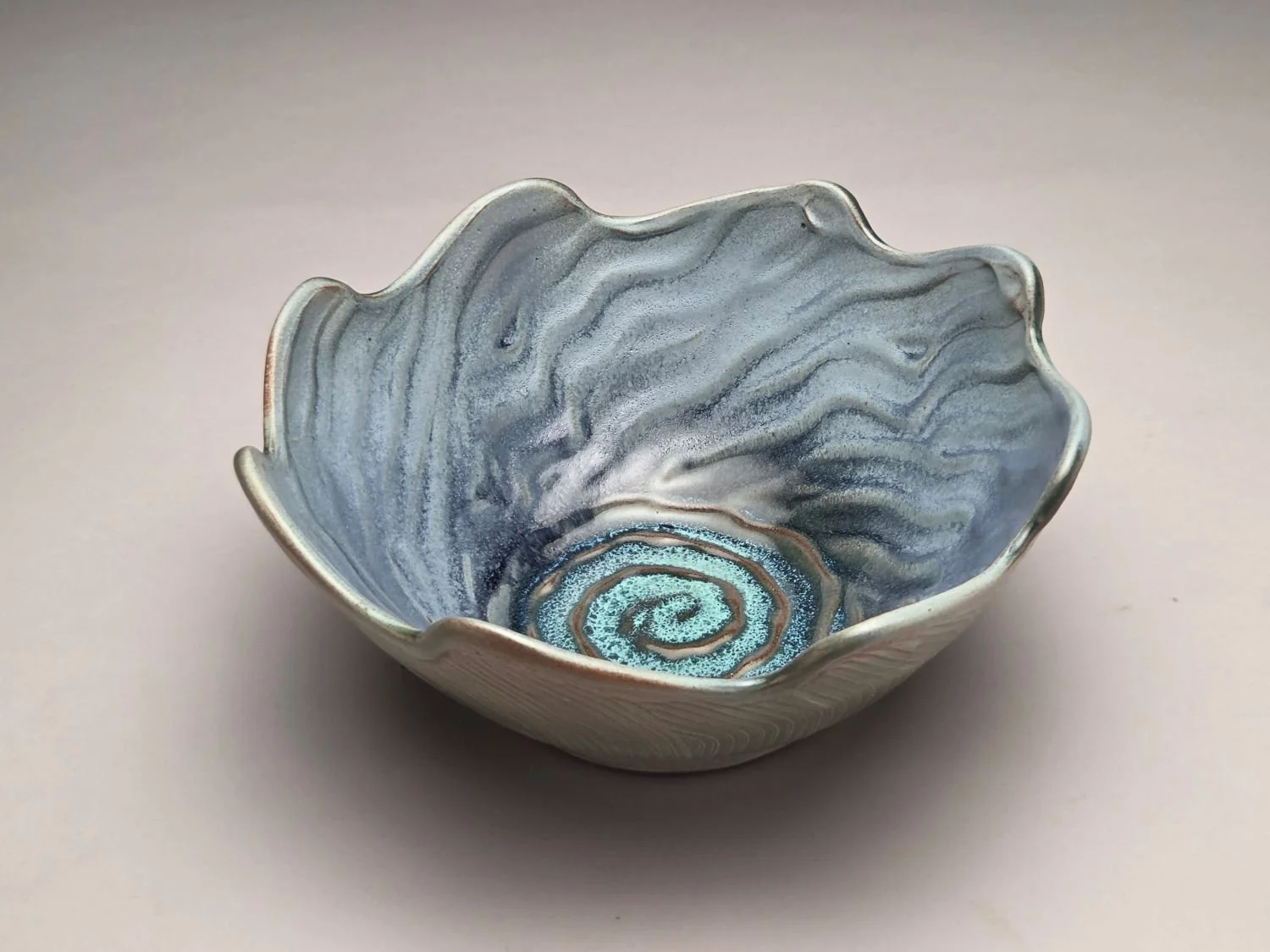 Whirlpool & Blue Sky Bowl (#26.5.7), 2026, glazed stoneware, 4 x 8.5 x 8.5 inches (10 x 22 x 22 cm), $125 Cdn.