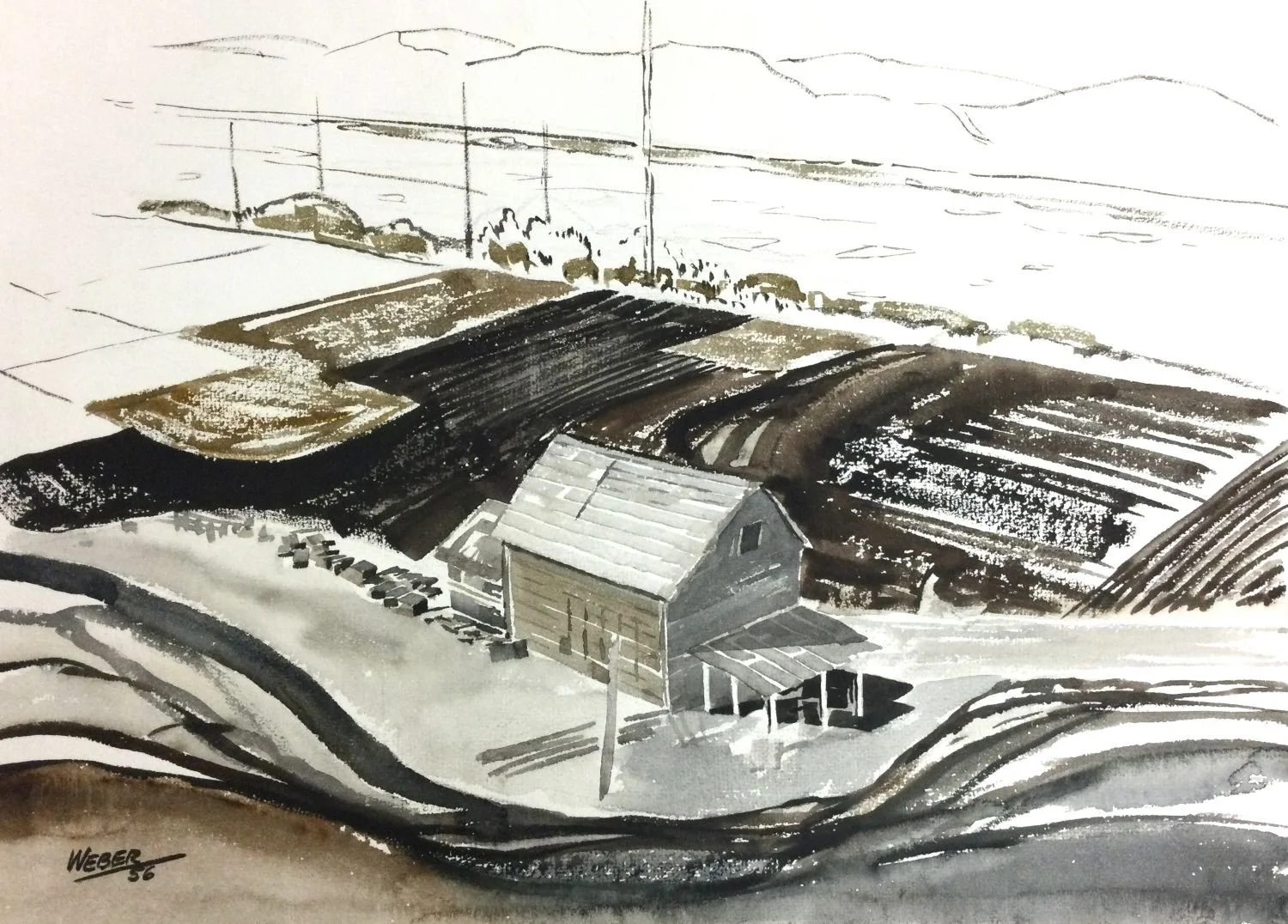 Chinese Market Gardens, Beverly (Edmonton #03.273), 1956, watercolour on paper, 10 x 14 inches (25.5 x 35.5 cm), framed, $675 Cdn.