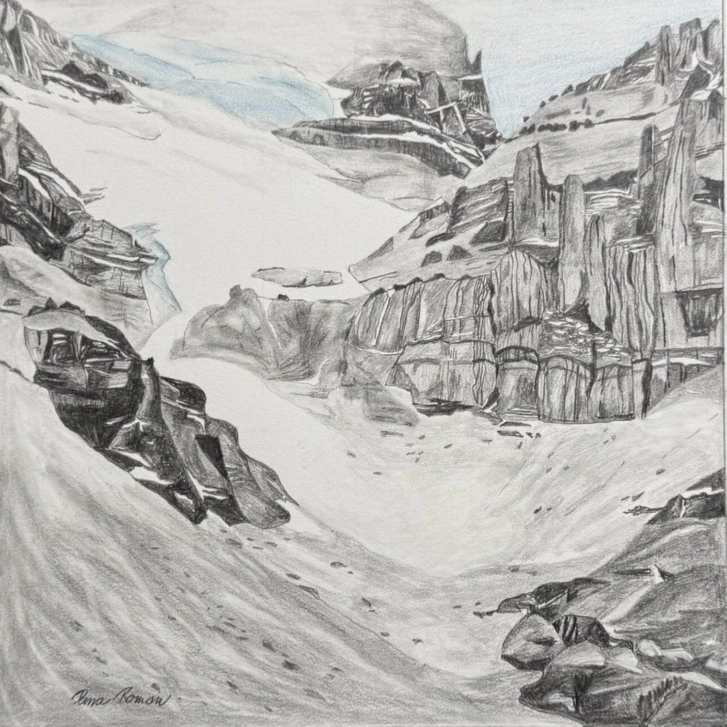 Aberdeen Glacier (#25.5.7), 2025, graphite and coloured pencil on hot press Arches paper, 17 x 16" (43 x 40.5 cm), unframed, $270 Cdn.