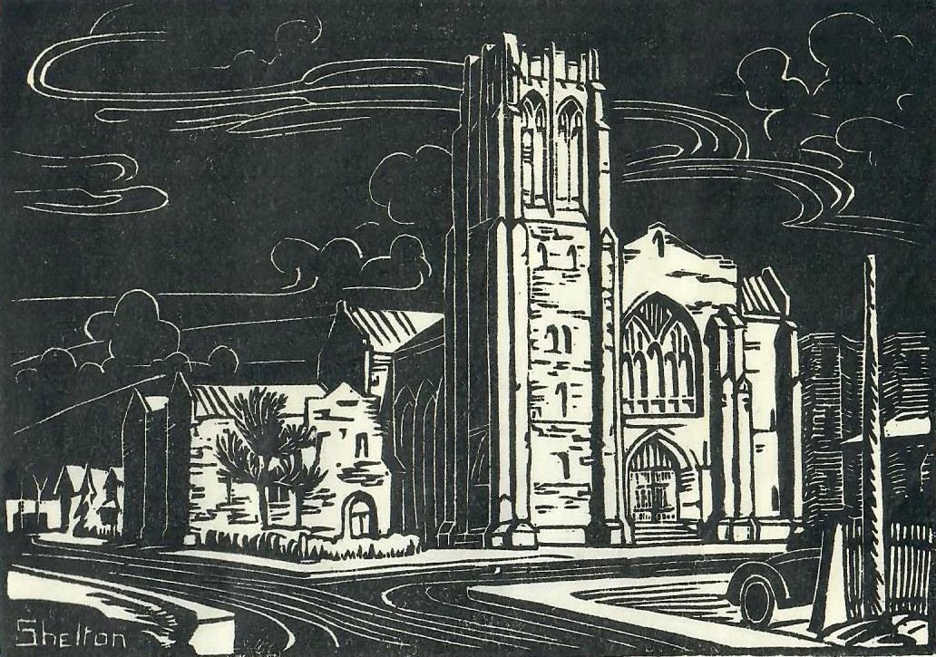 Knox United Church, Calgary, 1941, linoblock on paper, 3.75 x 5 inches, Description: inscribed l.l. (Shelton); #49 in Patricia Ainslie, Margaret Shelton Block Prints 1935-1984, Glenbow Museum, 1985; Provenance: private collection; sold.