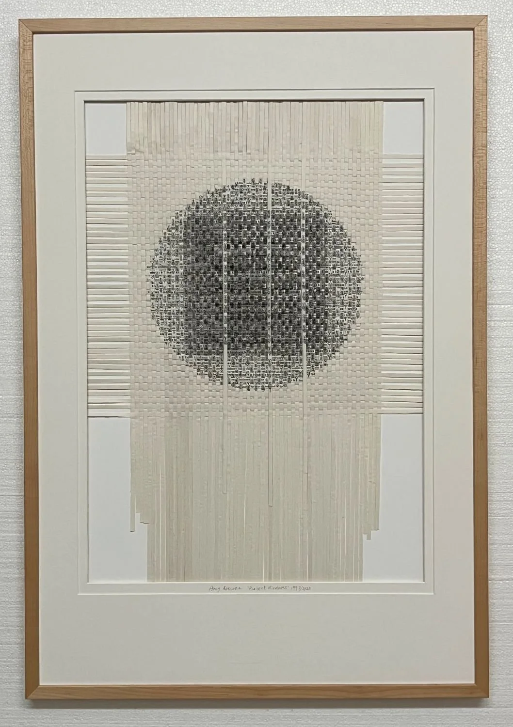 Shuen (rice) Paper Weave Series (#25.27) - Project Kindness A, 1997/2025, ink, handwritten, charcoal, computer print on shuen paper, 27 x 19 inches (68.5 x 48 cm), framed (outside measurements 39 x 26.5 inches/98x67cm), $3800 Cdn