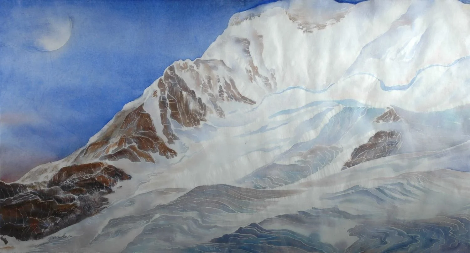 Moonrise Mountain (Athabasca), mixed media on sekishu white 30 gm kozo, 15x28 inches (38 x 71 cm), framed, $1600.00 Cdn