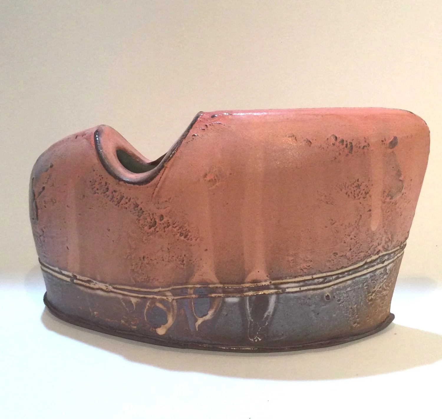 Small Angular Confluence Vase (#26.2.20), 2026, low soda fired earthenware, 4 x 6.5 x 1.25 inches (10 x 17 x 3 cm), $90 Cdn.