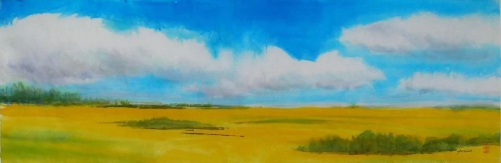 Canola Field 2, watercolour on sekishu white 30 gm kozo, 13.5 x 41 inches (34.5 x 104 cm), framed, $2400 Cdn.