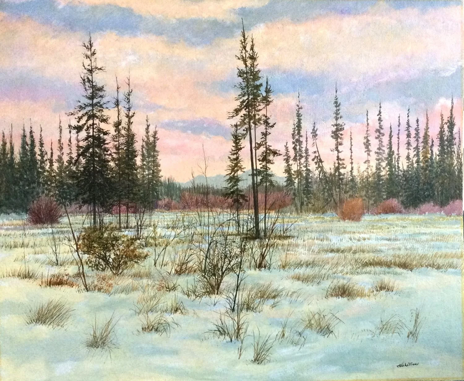 Winter Woodlands (#1561), c.1989, oil/panel, 20x24 inches (51x61cm), framed, provenance: private collection Calgary, a portion of the sale of this work is donated to the Calgary Foundation, $2925 Cdn.