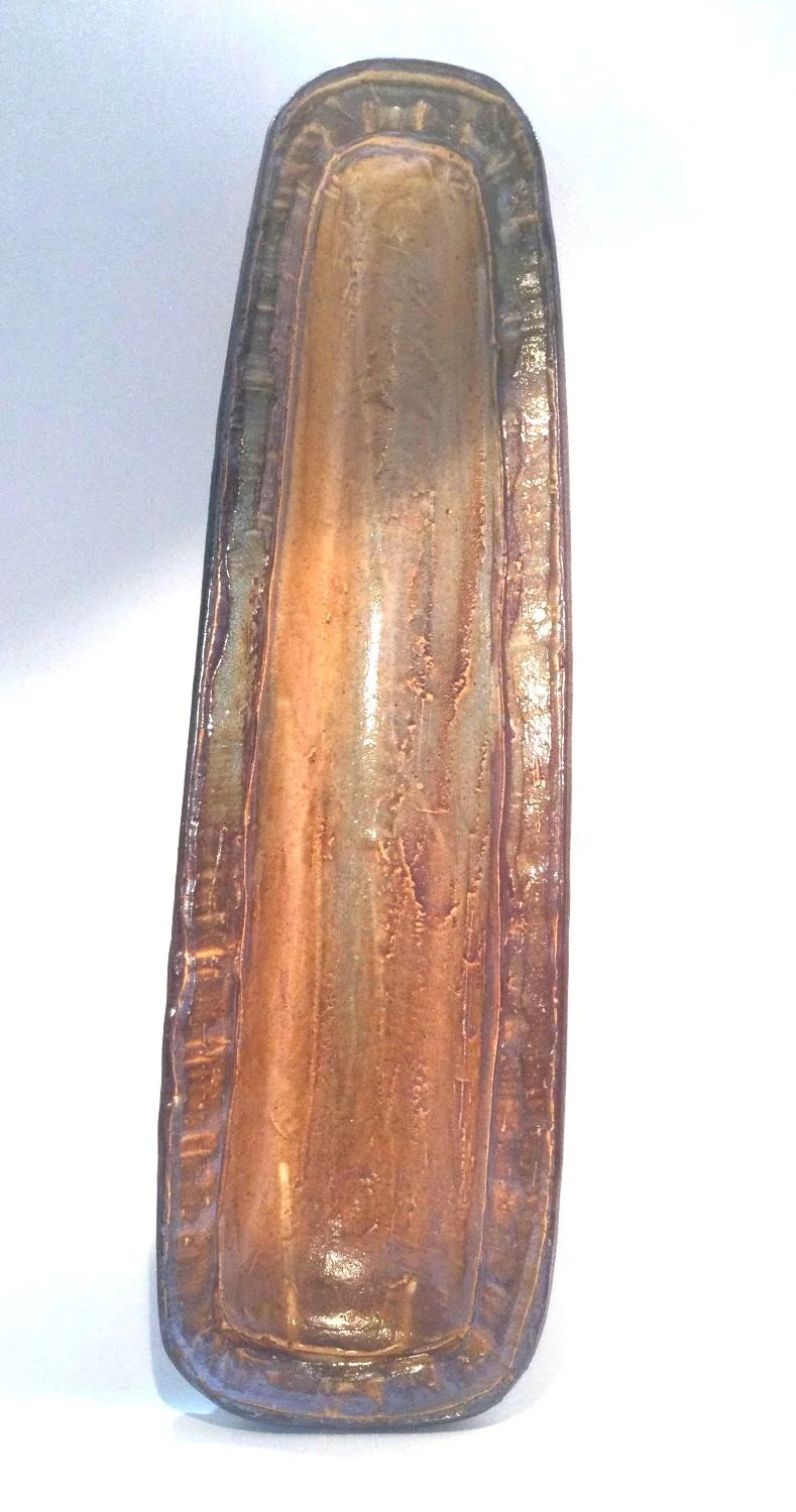 Extra Large Confluence Tray (#26.2.17), 2026, low soda fired earthenware, 2 x 5 x 17.75 inches (5 x 12.5 x 45 cm), $260 Cdn.