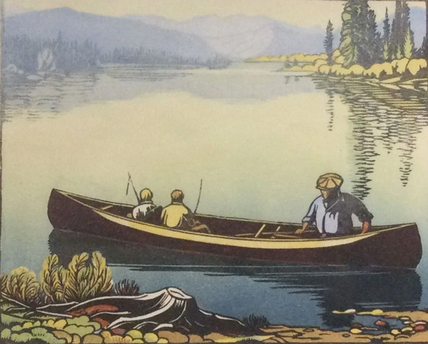 Fishing On The Bow (#90G), 1945, ed.42/100, linocut in six colours, condition: good, 5 x 6.25 inches (12.8 x 15.7 cm), provenance: BC Collection, framed, $2400 Cdn