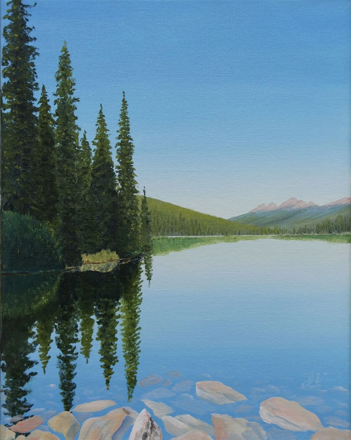The 5th Lake, Jasper (#26.5.19), 2026, oil on linen canvas, exhibition frame, 14x11 inches (35.5 x 28 cm), $1300 Cdn