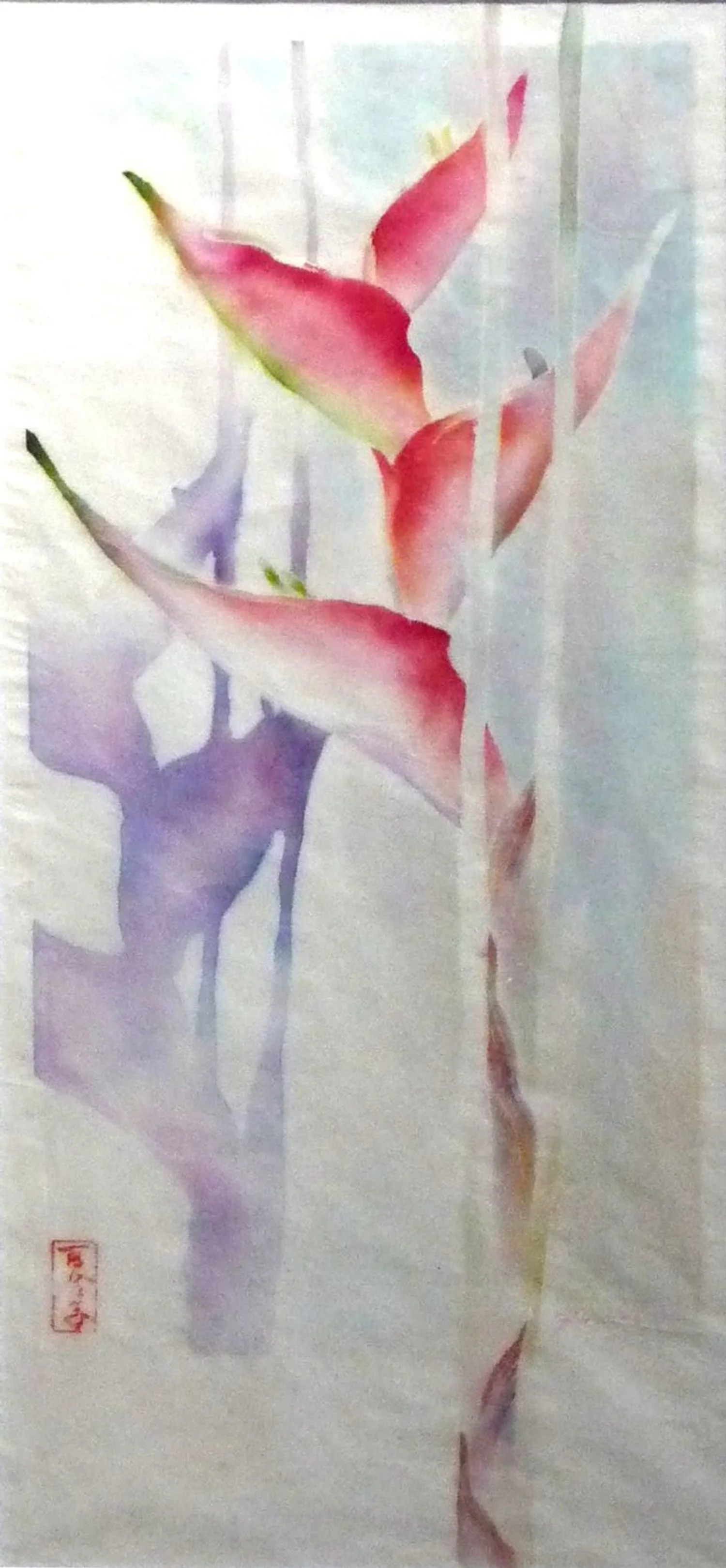 Heliconia With Shadow, 1992, mixed media (dye & watercolour)/sekishu 30 gm rice paper, 16 x 8 inches (40.5 x 20.5 cm), sold.