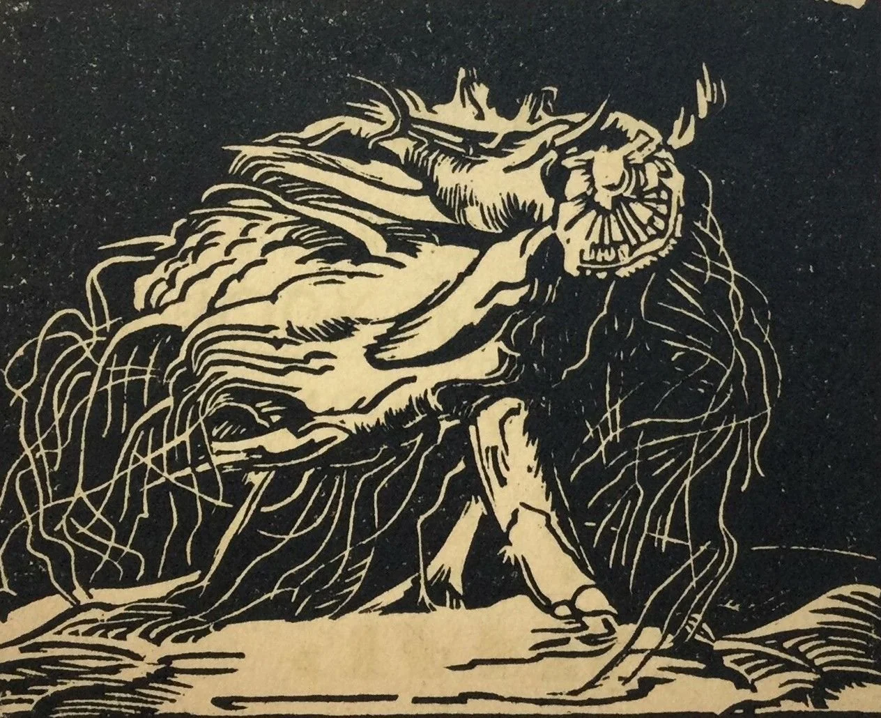 untitled (rare, twisted tree, #27L), c.1940, linoblock/paper, 3.75 x 4.5 inches (9.5 x 11.5 cm), framed, $800 Cdn.