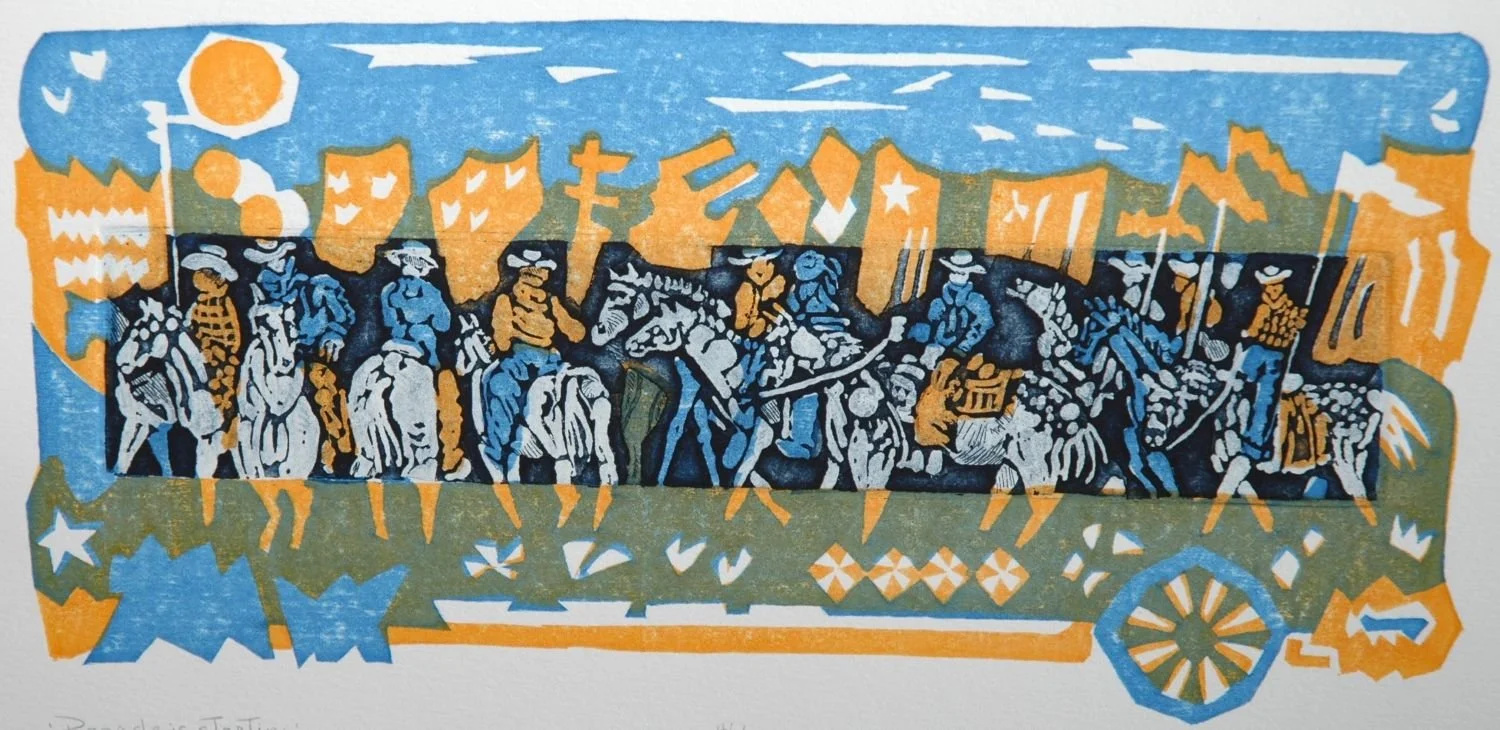 Parade Is Starting (#85), 1983, ed. 46/50, intaglio and stencil on paper, 5 x 10.5 inches (13 x 27 cm), framed, $450 Cdn.