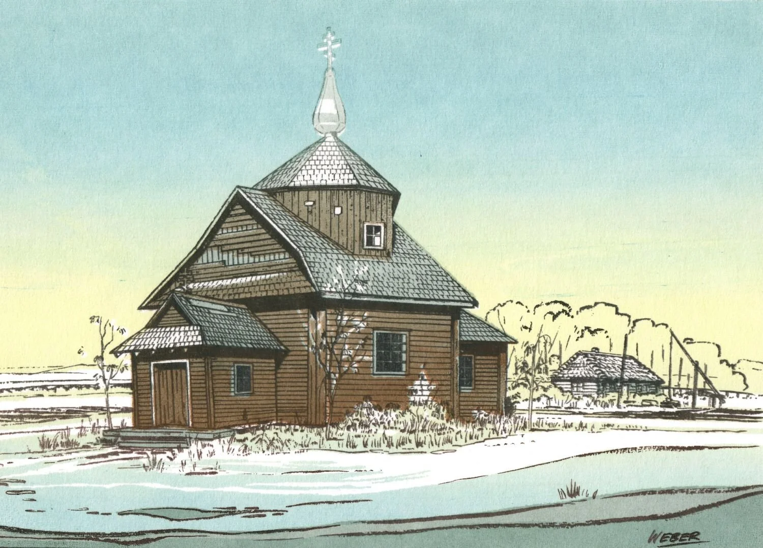The Shyshkovitz Church Of Chipman, Alberta, 1986, ed.100, serigraph/paper, 6x9 inches (15x23cm), framed, $525 Cdn.