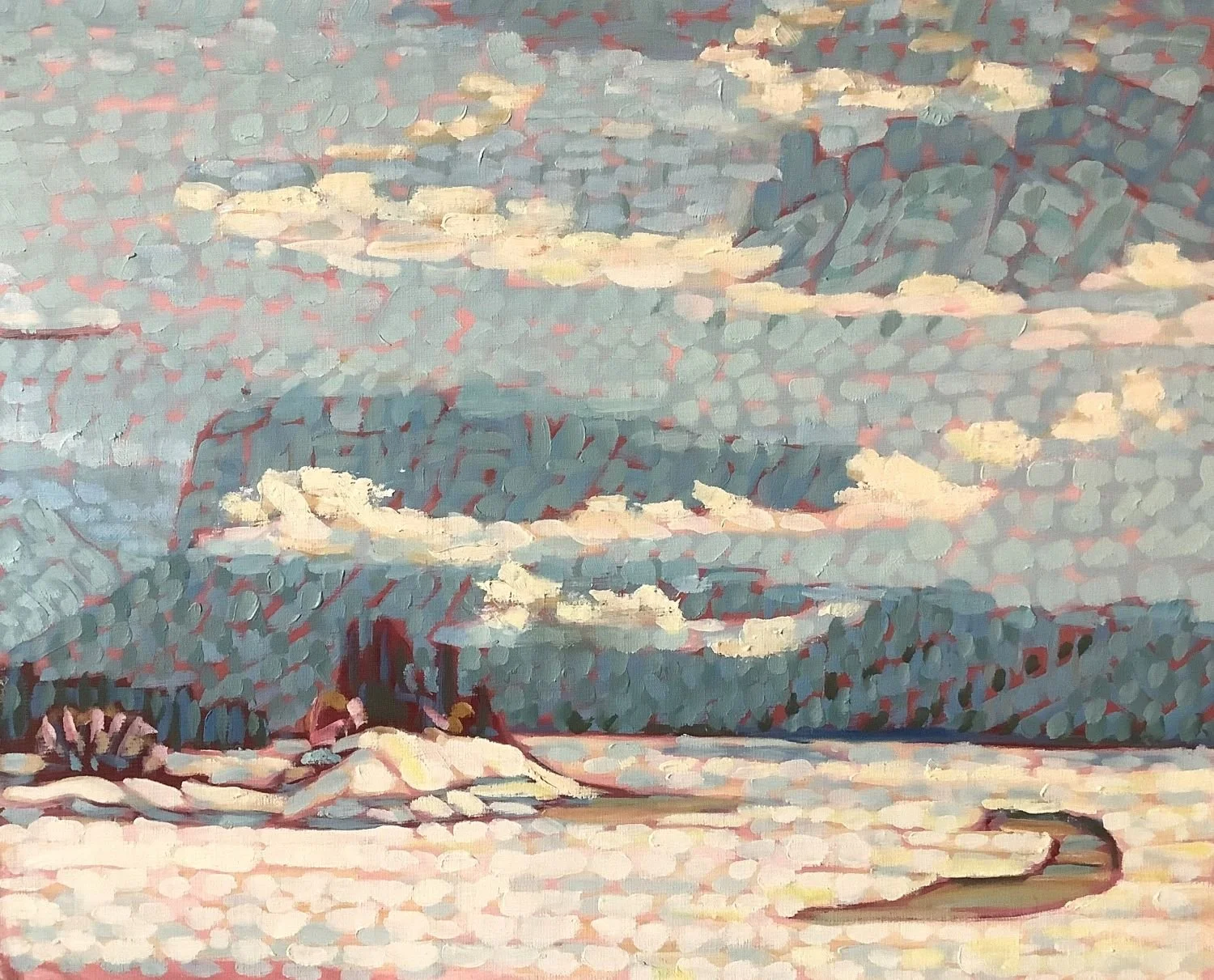 Lake Minnewanka, Spring Breakup, c.1970s, oil on panel, 16 x 20 inches (41x51 cm), provenance: artist's estate, framed, $3800.00 Cdn.