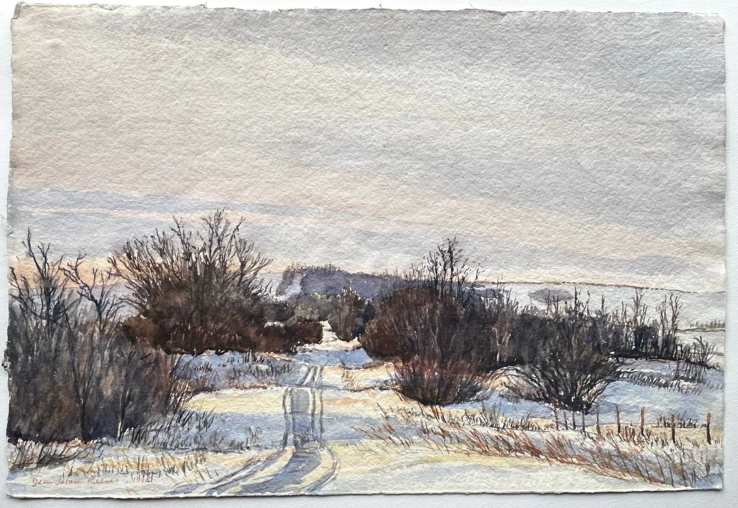 Woodville Snow Trail (west of Wainwright, Alberta), 1992, watercolour on paper, 14.75 x 21.75 inches (37.5 x 55 cm), framed, $900 Cdn