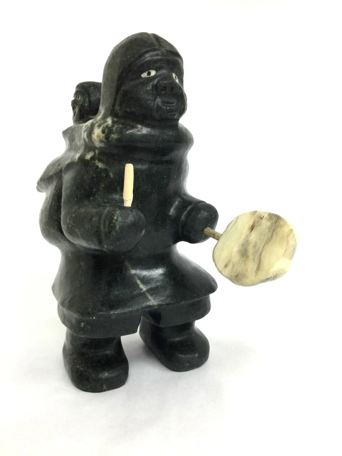 Simon Uttaq ᓯᐃᒪᐅᑕ Uqsuqtuuq / Gjoa Haven ᐅᖅᓱᖅᑑᖅ , Mother and Child Drum Dancing (#25.6.24), c.1990s, serpentine, antler, 7 x 3.75 x 5 inches (18 x 9.5 x 12.5 cm), provenance: Saskatchewan collection, $2200 Cdn.