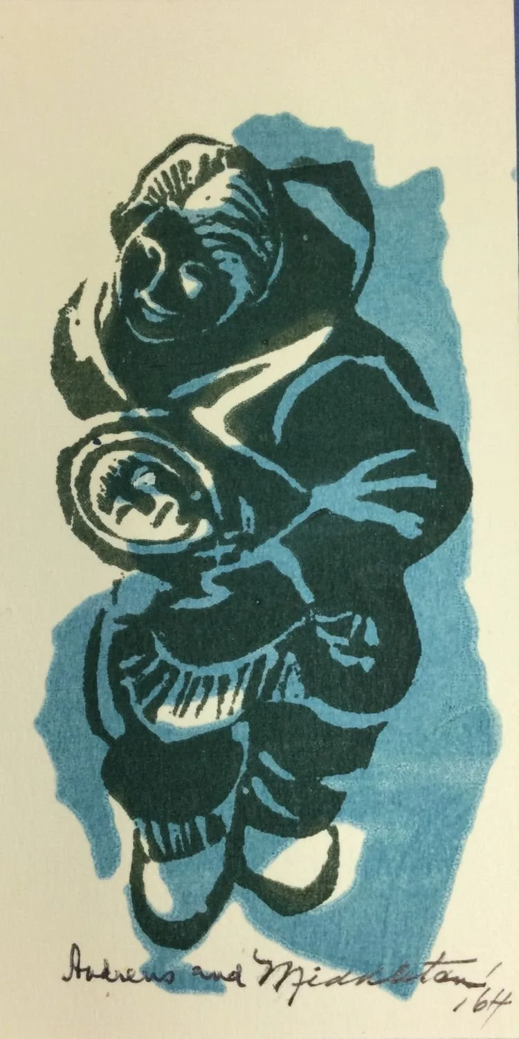 Untitled (Inuit Figure) #64, 1964, linoblock and stencil/paper, printed by Mary G. Andrews, 5x2.5 inches (12.5 x 6.5 cm), framed, $375 Cdn.