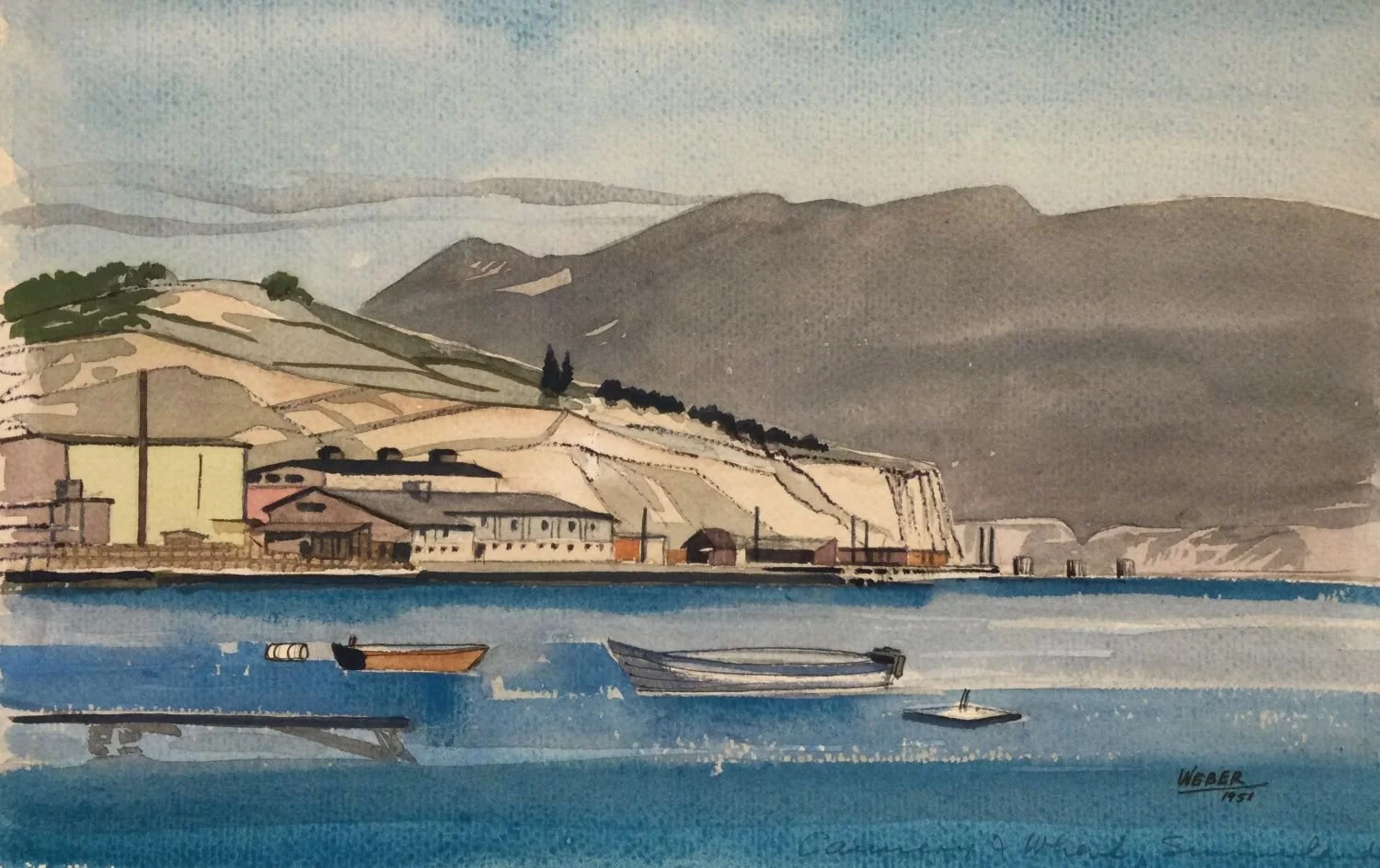 Docks & Canneries, Summerland (BC), 1951, watercolour on paper, 6.5 x 10 inches (16.5 x 25.5 cm), framed, $475.00 Cdn.