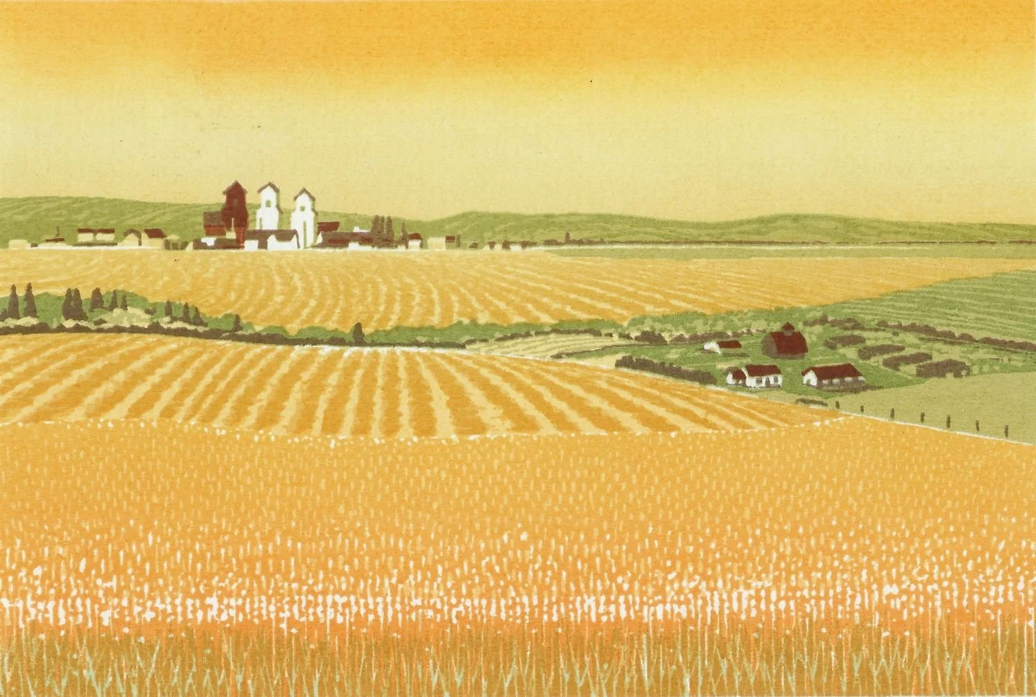 Alberta Grain (rare), 1981, ed 1/200 with set of 3 progressives, serigraph on paper, 6 x 9 inches (15 x 23 cm), framed with unframed progressives, $675 Cdn for set of 4 images.