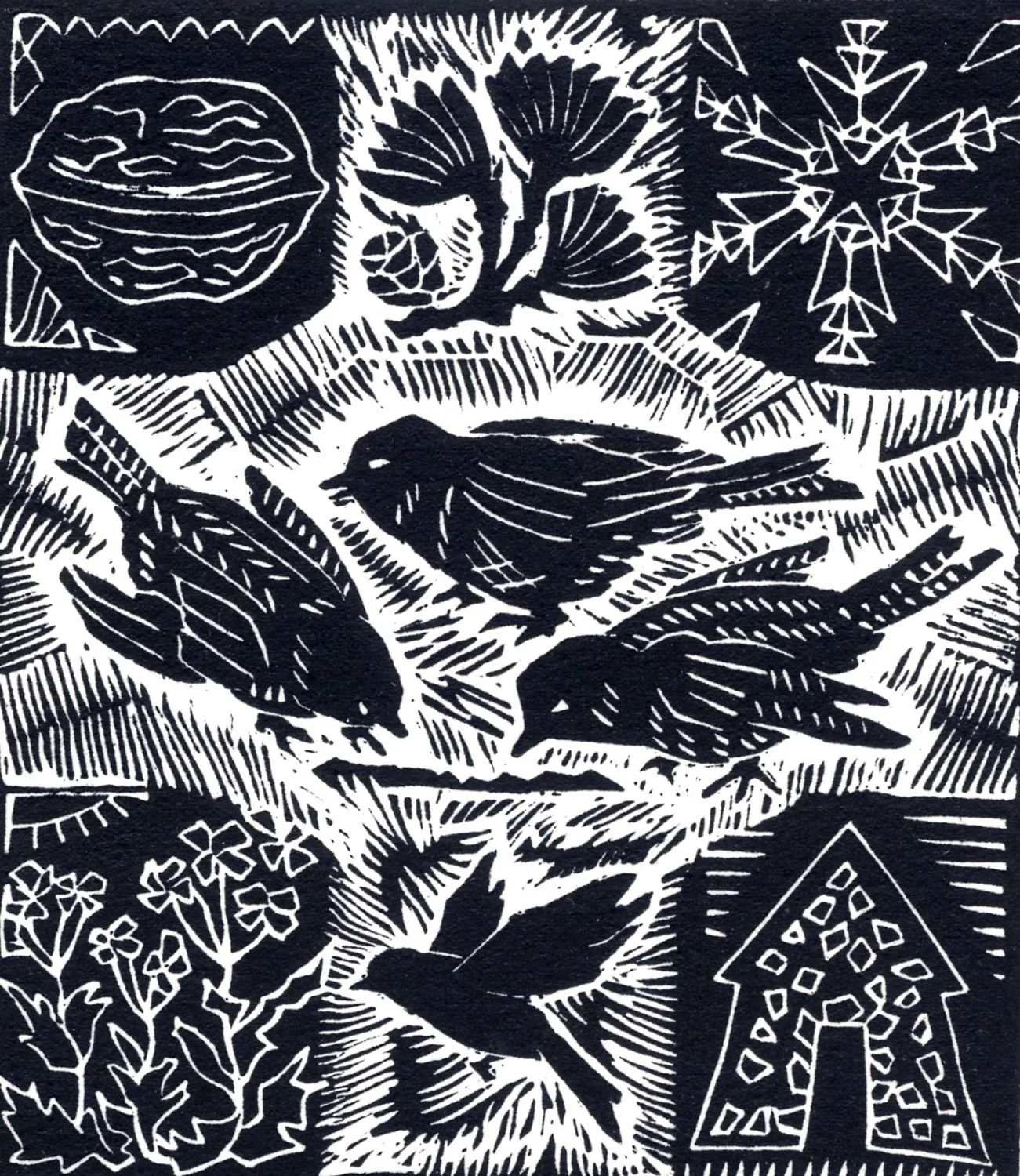 Sparrows (#209), 1993, ed. 14/35, linoblock/paper, 5.5 x 5 inches (14 x 12 cm), framed, $375 Cdn.