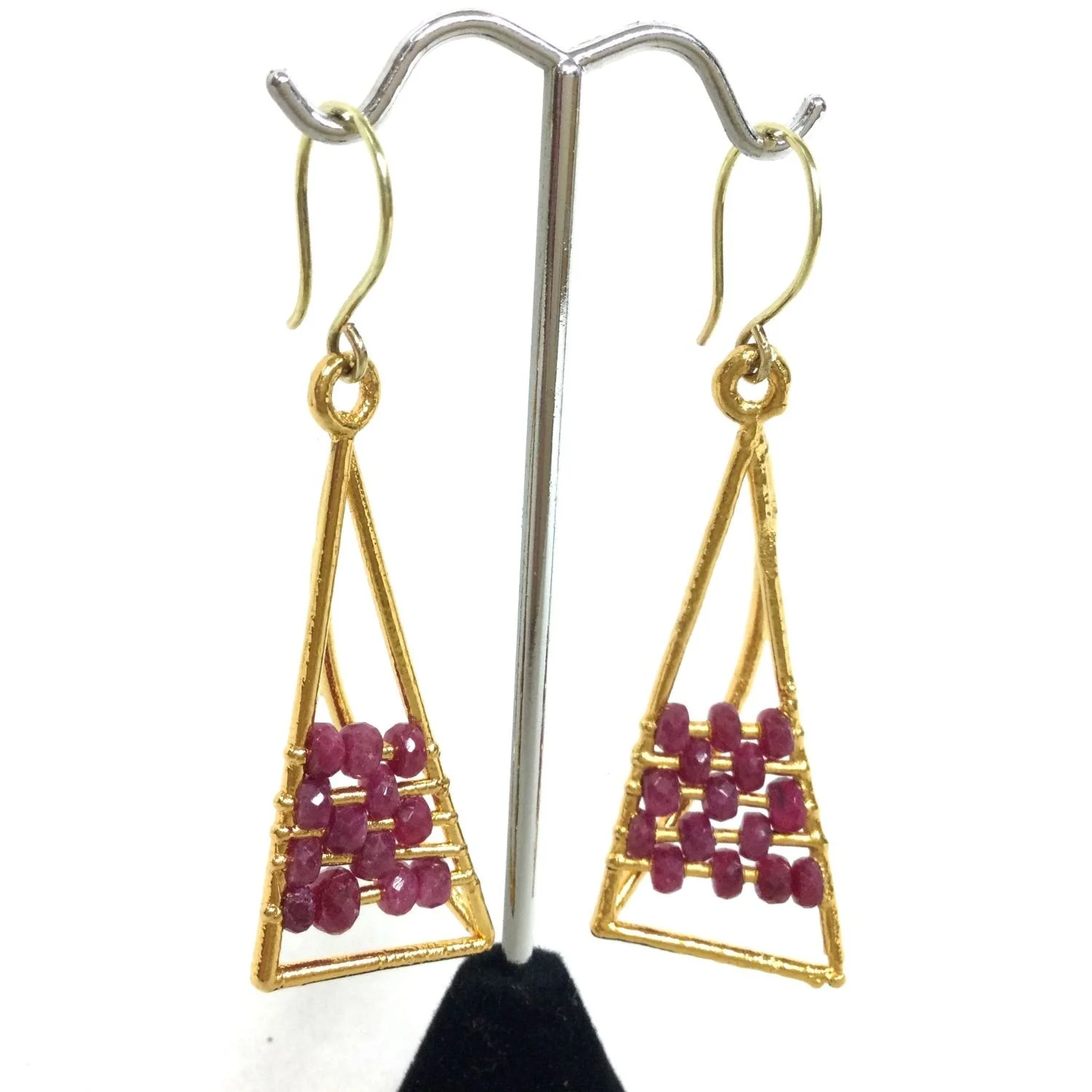 Babylon Cage Earring (C680, #271), c.2019, thick electroformed 24k gold, rubies, 18k gold ear wire, fusion welded stainless steel, electroformed copper, 3x1 inches (7.5 x 2.5  cm), $1300 Cdn.