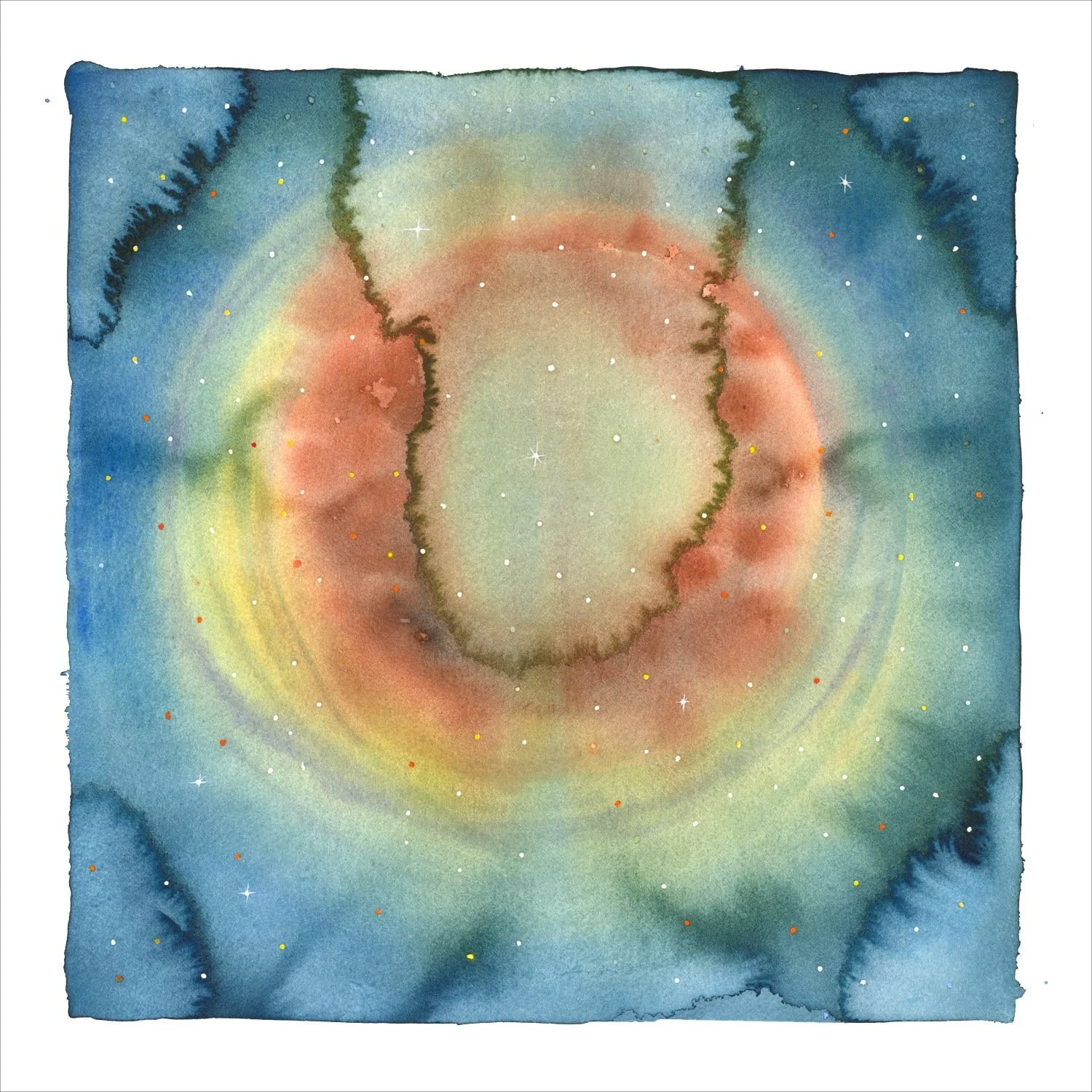 Nebulae Series (25.17) - Nature In The Making, 2025, watercolour on paper, 13x13 inches (33x33cm), framed (outside measurements 26x21 inches/66x54cm), $1275 Cdn.