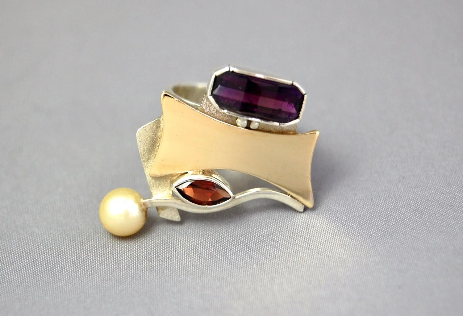 Tarry Sign Ring (R116), 2008, sterling, 14K, amethyst, garnet, pearl, size 7, sold