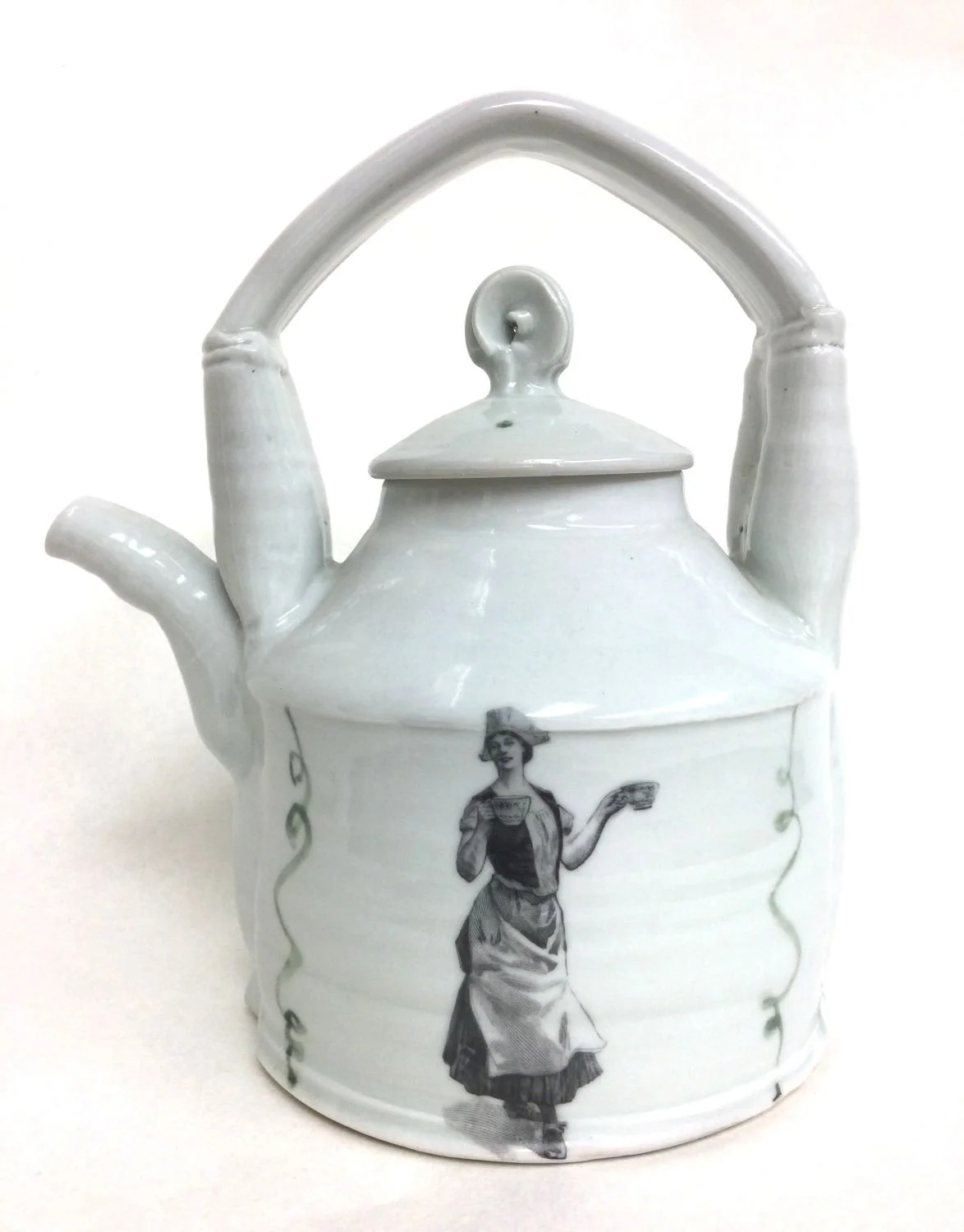 Hostess Teapot (#18.1), decal, handpainted porcelain, 9.5 x 6 x 8 inches (24 x 15 x 20 cm), $250 Cdn.