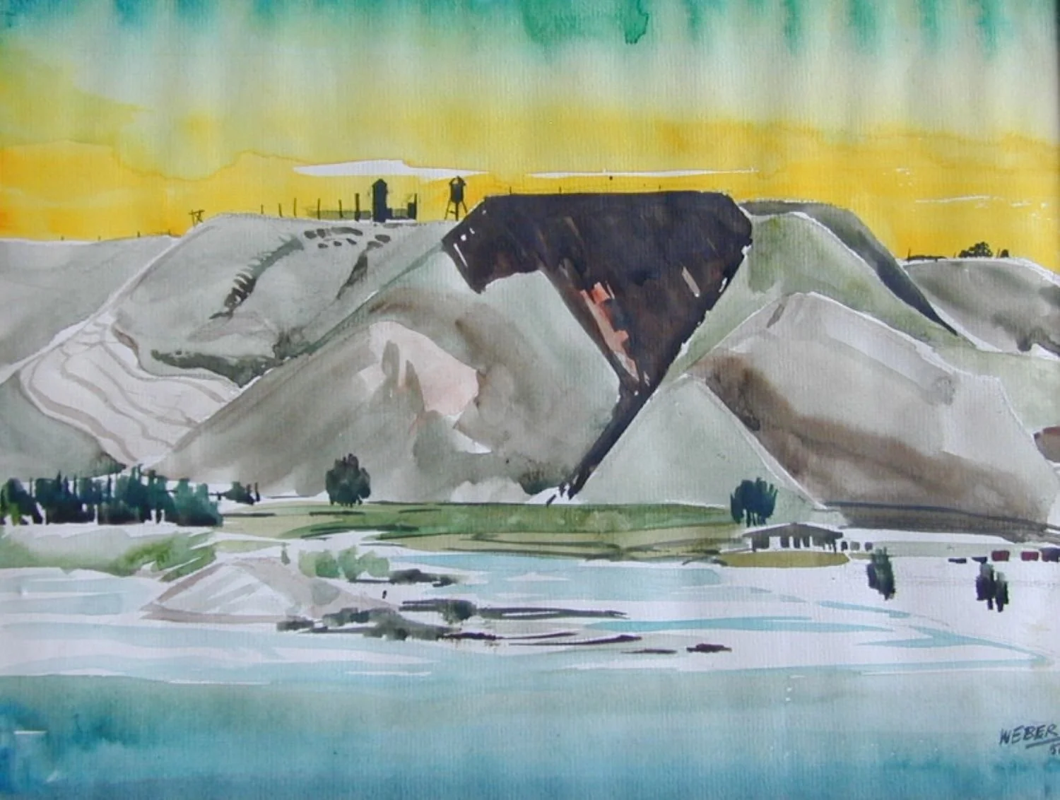 Coalmine, Lethbridge, Alberta, 1956, watercolour on paper, 11 x 15 inches (28 x 38 cm), framed, $750.00 Cdn.