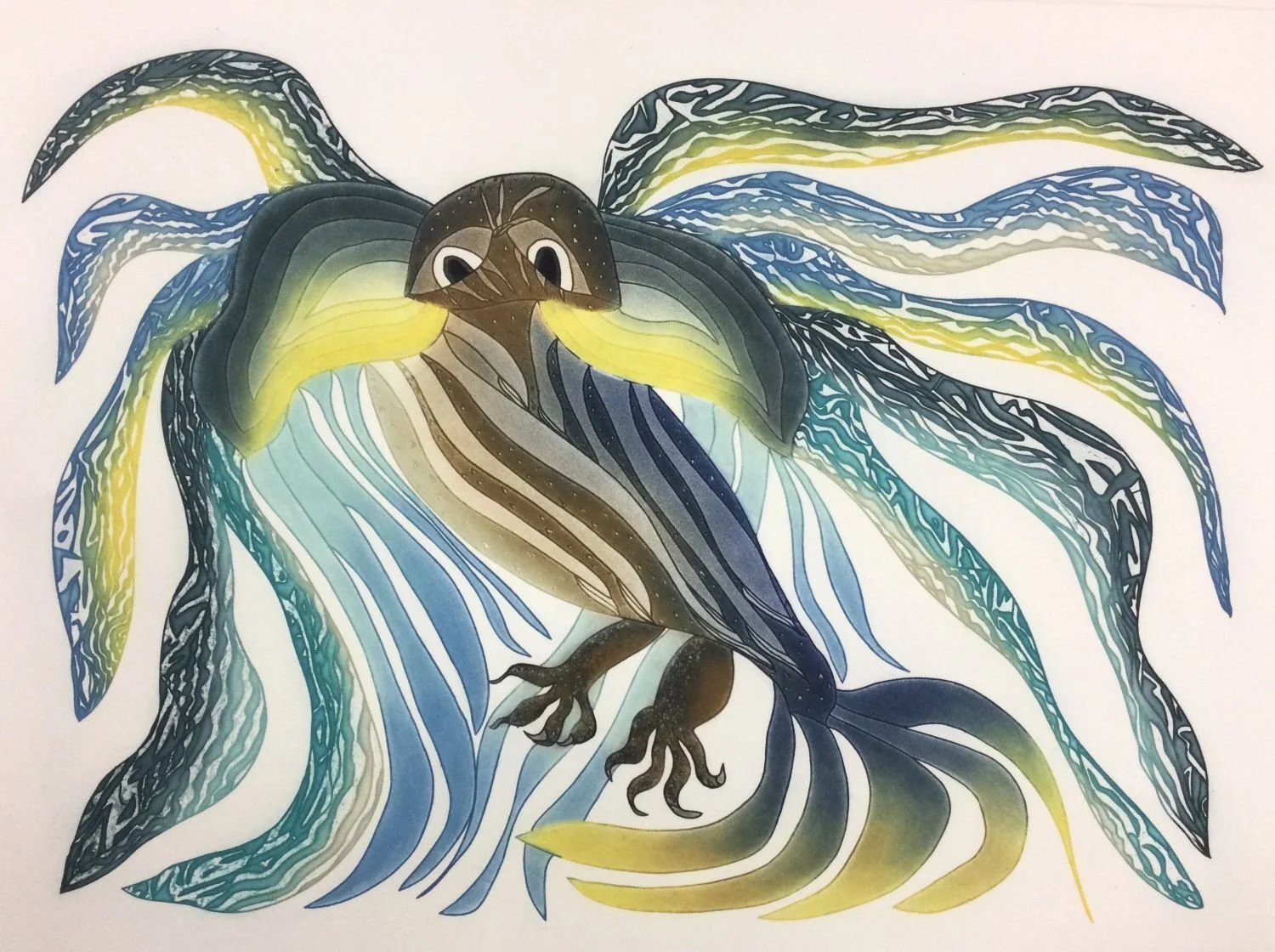OOLOOSIE SAILA, ᐅᓘᓯ ᓴᐃᓚ (1991 - ) Cape Dorset/Kinngait, ᑭᙵᐃᑦ, Aquatic Owl, 2023, etching & Aquatint on Velin d’Arches White paper, 15.75 x 21.25 inches (40 x  53.5 cm), framed, $1300 Cdn.