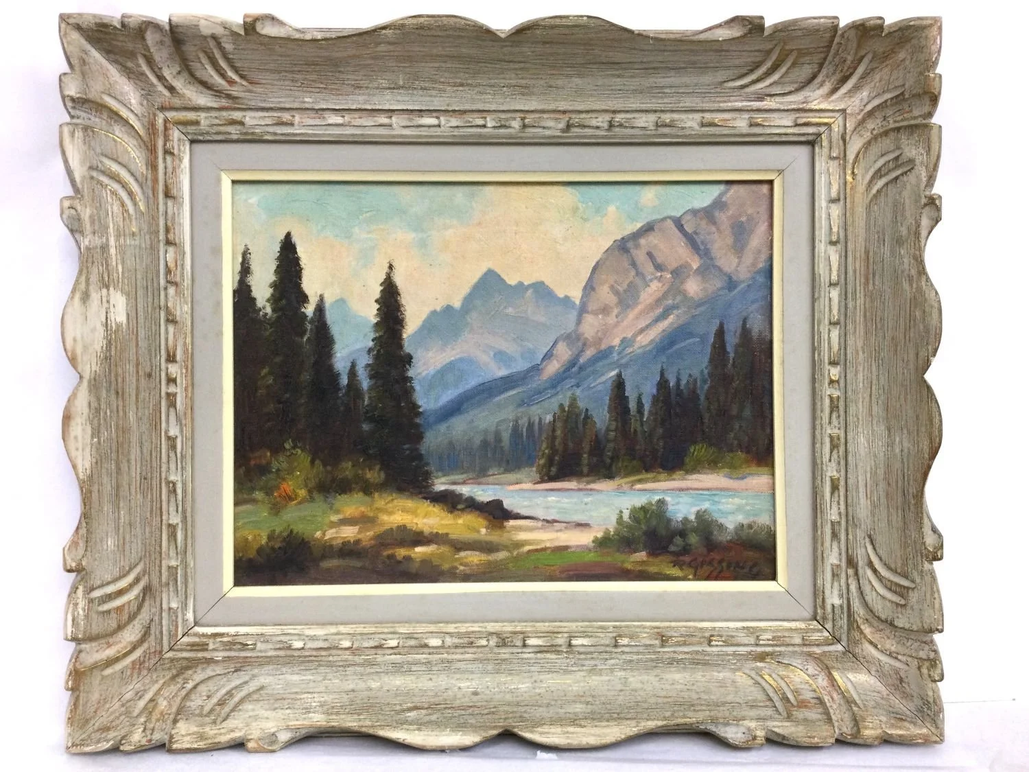Kicking Horse River, c.1962, oil on artist board, 9 x 12 inches (23 x 30.5 cm), verso (titled, #500), original frame, signed l.r. (R. Gissing), Provenance: purchased from artist, Central Alberta Collection by descent, sold.