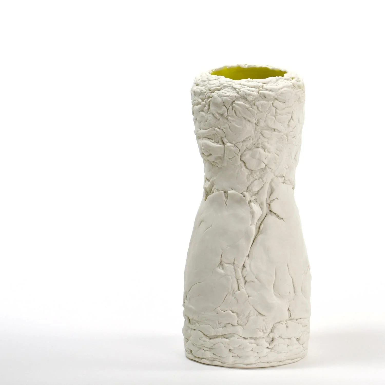 Tall Yellow Vase (#25.8.15), 2025, hand-built, deeply textured pinched porcelain, unglazed exterior with yellow glazed interior, 8.75 x 3.75 inches (22 x 9.7 cm), $380 Cdn.