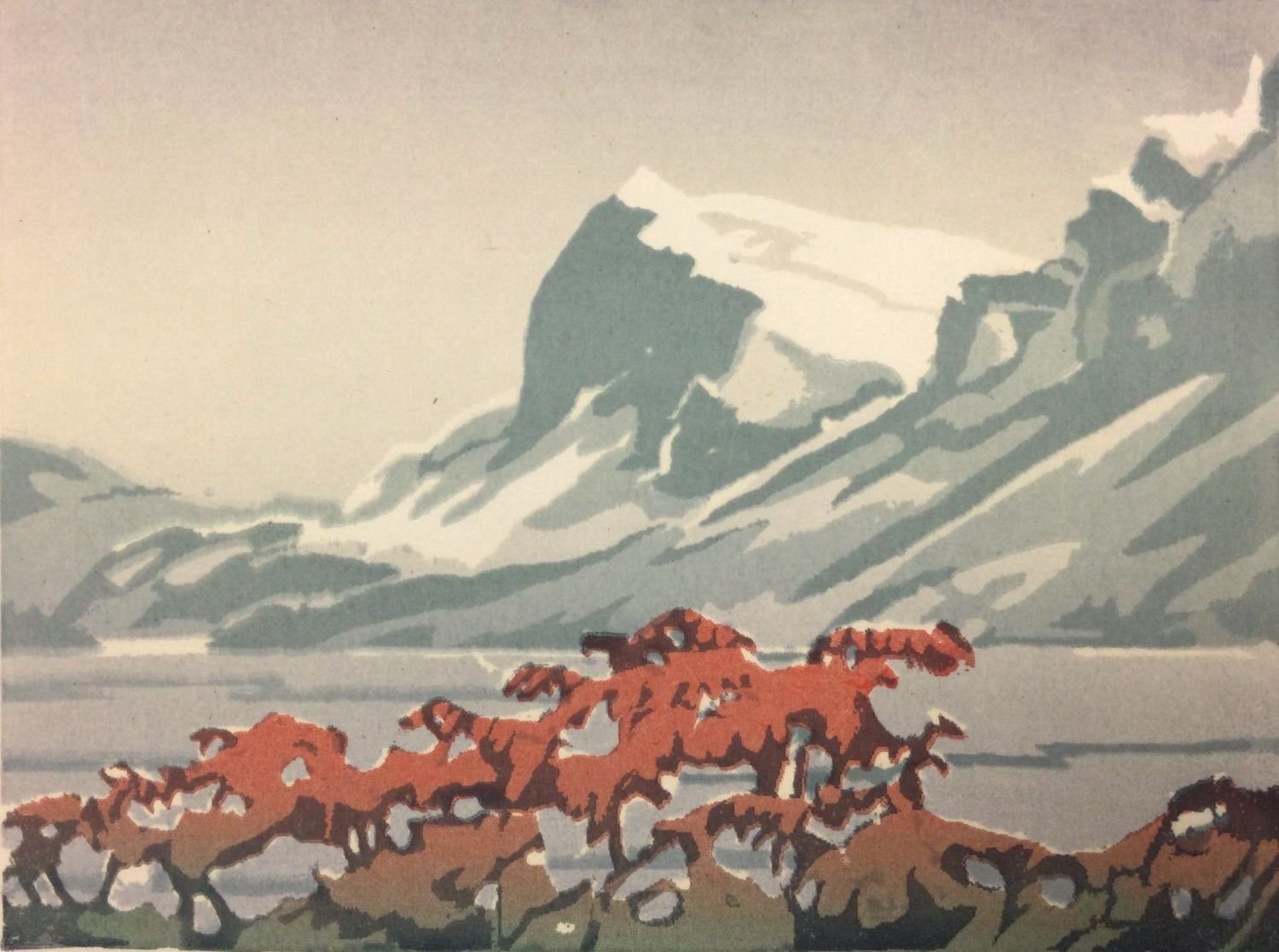 Crowfoot Glacier, Bow Lake (#56-9), pre-1956, serigraph/paper, 4 x 5.5 inches (10x14cm), framed, $525 Cdn.