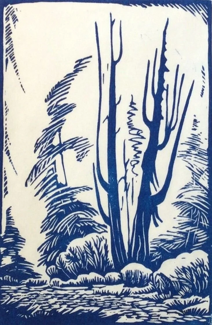 Western Cedars (#167L), 1982, ed. 43/100, linocut in one colour (blue), 7 x 4.75 inches (17.5 x 12 cm), provenance: BC Collection, framed, $800 Cdn.