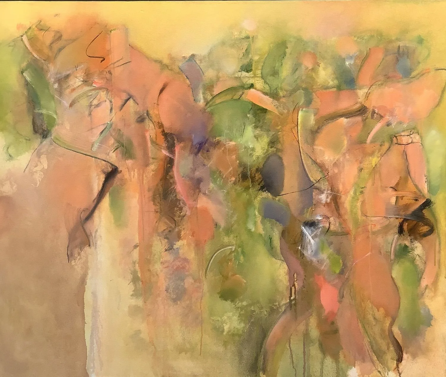 Division/ Prehistoric Orange/ A Touch Of Green (#68/L), 2024, charcoal, oil on canvas, 42 x 50'' (107x127 cm), exhibition frame, $5100 Cdn.