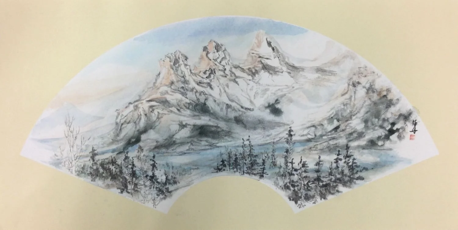 Three Sisters (#25.13), 2024, traditional Chinese handmade inks and paper, 13 x 25.5" (33 x 65 cm), framed, $1200 Cdn. 
