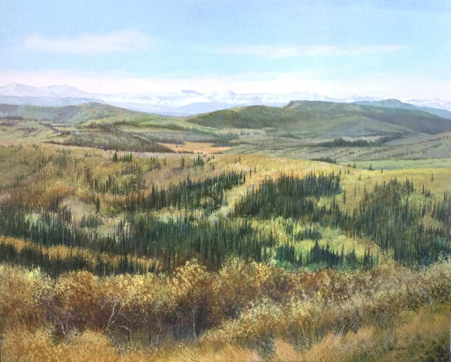 Southwest of Calgary, Late Summer (#A442/1514), c.1970s, oil/panel, 24 x 30 inches (61 x 76 cm), framed, provenance: private collection Calgary, a portion of the sale of this work is donated to the Calgary Foundation, $4400 Cdn.