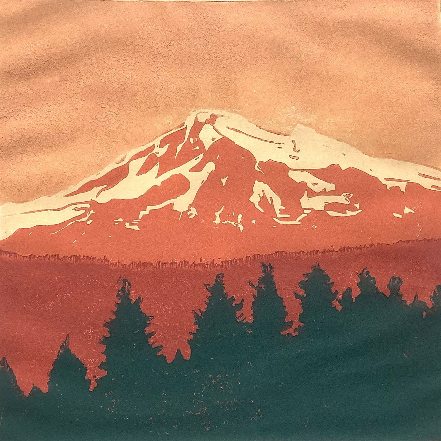 Mt. Baker, Sleeping Giant Born Of Fire, 2019, edition 12/19, linoblock (4 colours), 8x8 inches (20.5 x 20.5 cm), unframed, $128.00 Cdn.